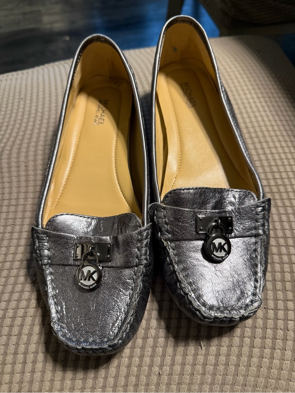 Michael Kors Metallic Pewter Slip-On Loafers with MK Charm
